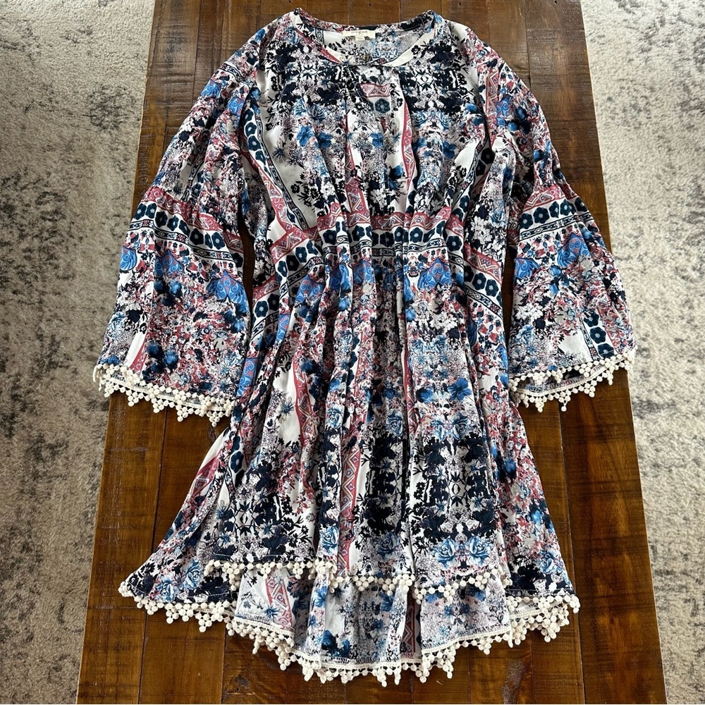 Umgee Colorful Floral Boho Peasant Festival Keyhole Tunic Top Shift Dress L
